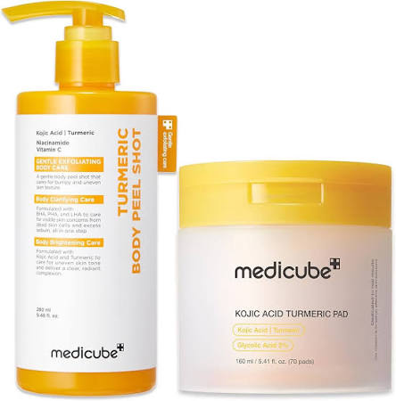 [medicube] Smooth & Clear Body Care Set | Hypochlorous Acid Body Peel Shot, Kojic Acid Turmeric Body Wash, Toner Pad, Toner, Mist | Exfoliating for Dead Skin Cells & Excess Sebum & Clearing for After Spots, Texture & Uneven Skin Tone | K-Beauty